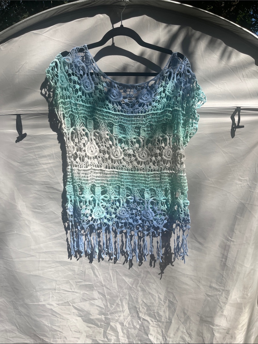 Boho Crochet Fringe Women's Top in Blue, Teal & White